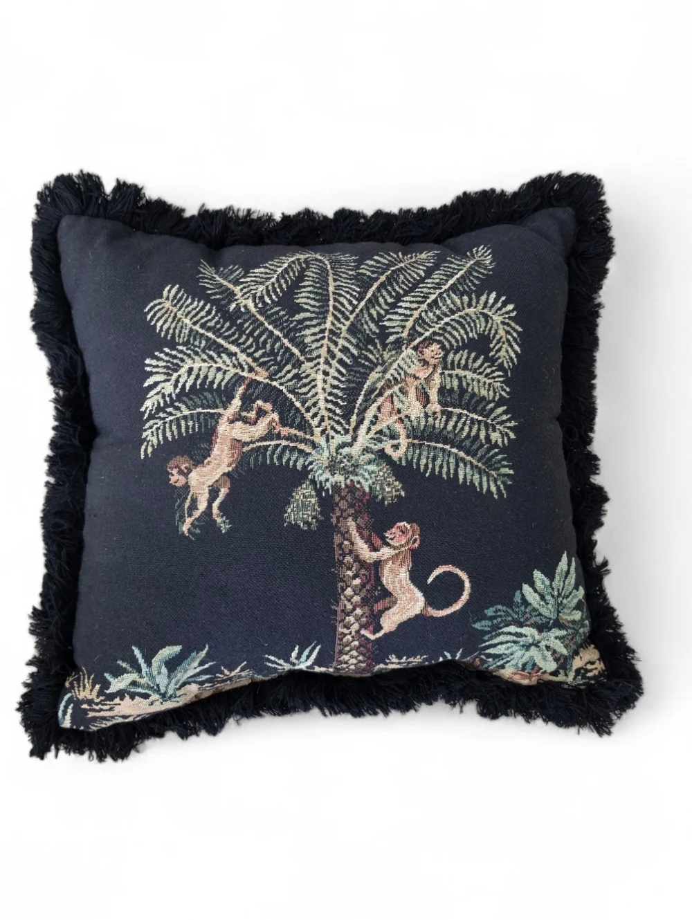 Vintage Monkey Palm Tree Tapestry Pillow – Fringe Trim Jungle Safari Decor
